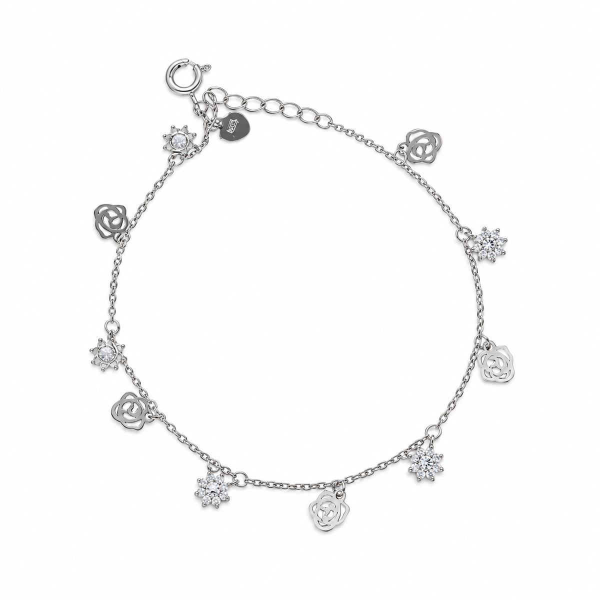 Sterling Silver 925 Rose and Snowflake Station Bracelet - FKJBRLSLM12337
