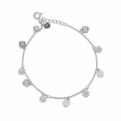 Sterling Silver 925 Rose and Snowflake Station Bracelet - FKJBRLSLM12337