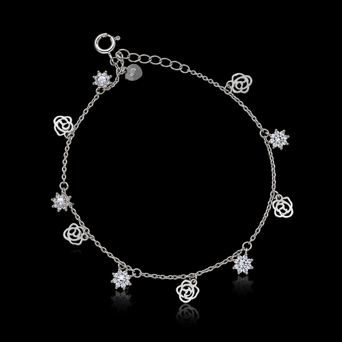 Sterling Silver 925 Rose and Snowflake Station Bracelet - FKJBRLSLM12337
