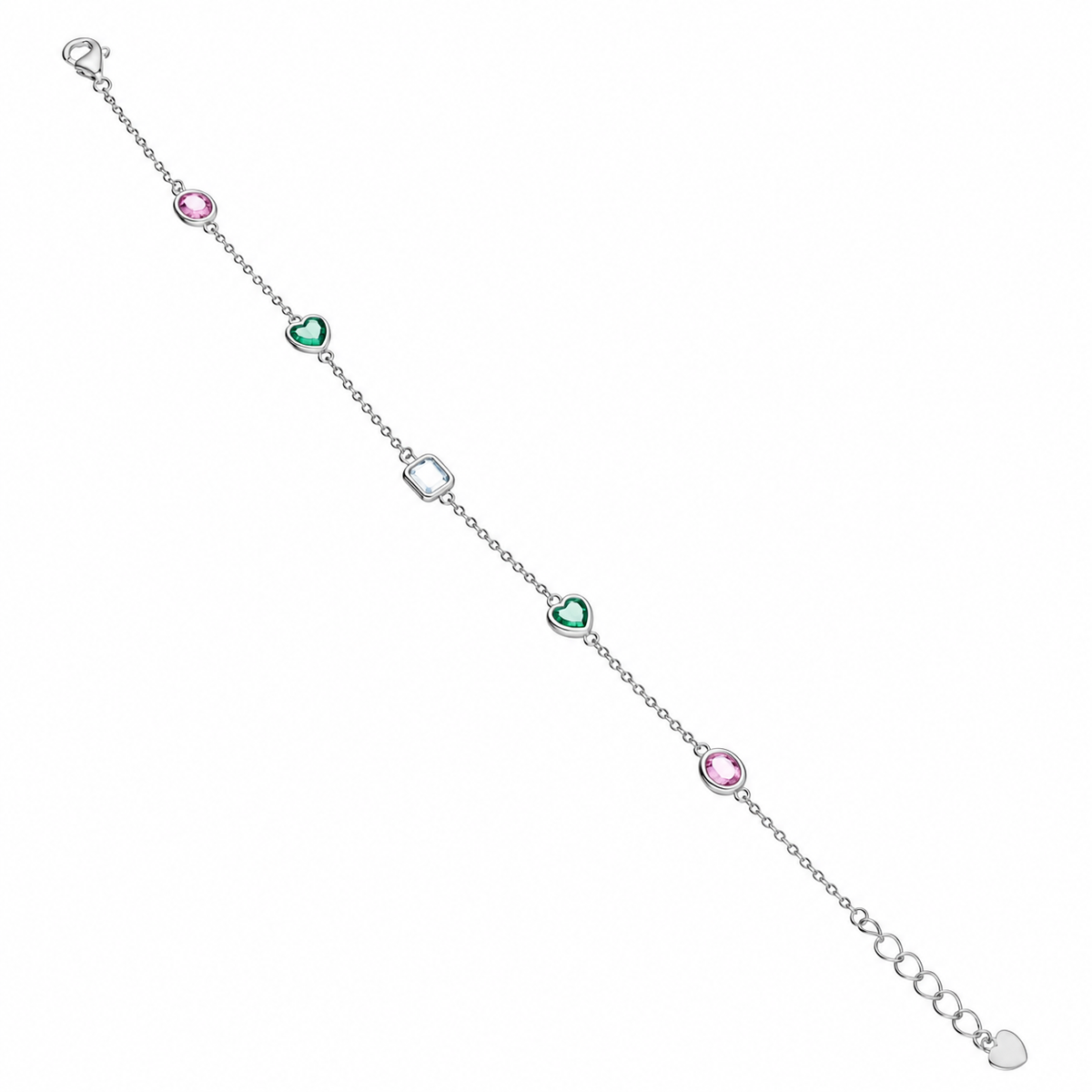 Sterling Silver 925 Multi-Gem Heart Link Bracelet - FKJBRLSLM12329