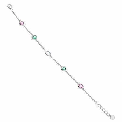 Sterling Silver 925 Multi-Gem Heart Link Bracelet - FKJBRLSLM12329