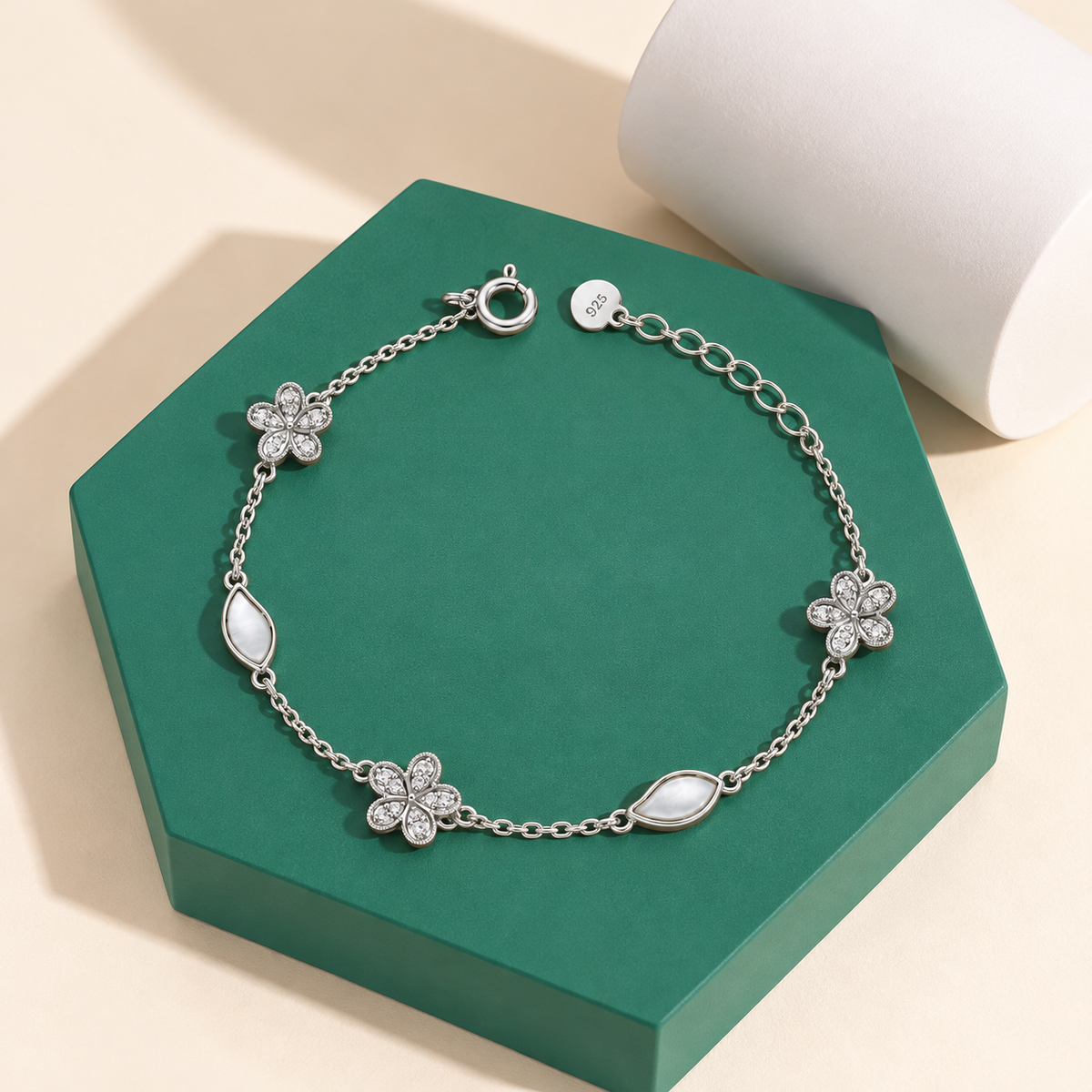Sterling Silver 925 Floral Charm Chain Bracelet - FKJBRLSLM12339