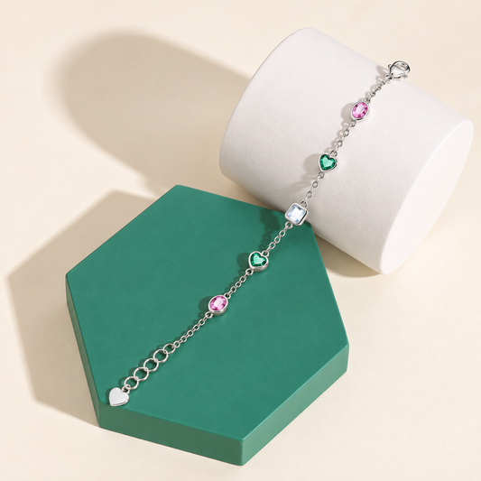 Sterling Silver 925 Multi-Gem Heart Link Bracelet - FKJBRLSLM12329