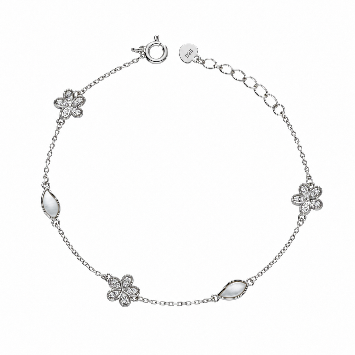 Sterling Silver 925 Floral Charm Chain Bracelet - FKJBRLSLM12339
