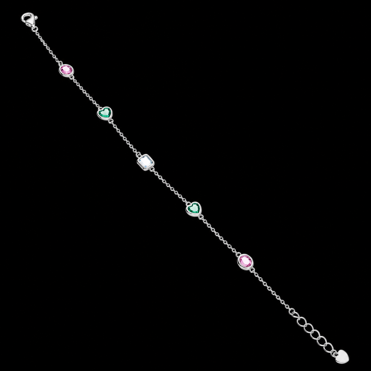 Sterling Silver 925 Multi-Gem Heart Link Bracelet - FKJBRLSLM12329