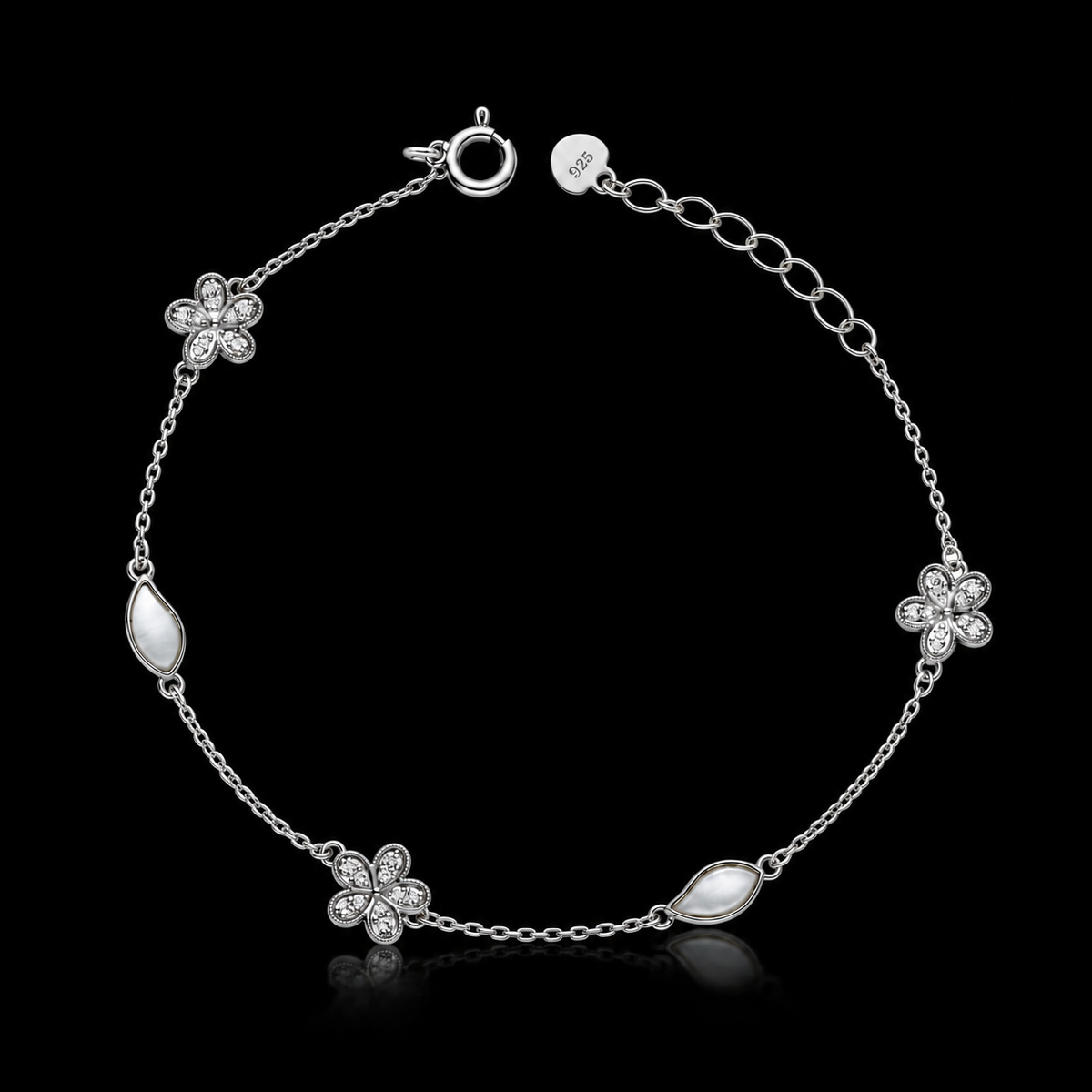 Sterling Silver 925 Floral Charm Chain Bracelet - FKJBRLSLM12339