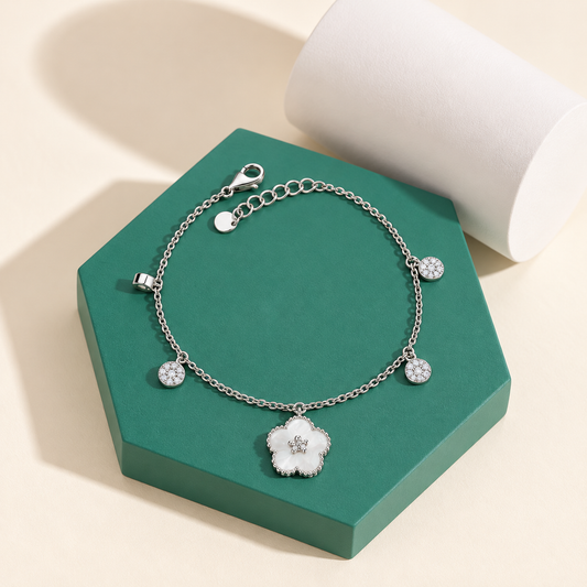 Sterling Silver 925 Flower Pendant Bracelet - FKJBRLSLM12344