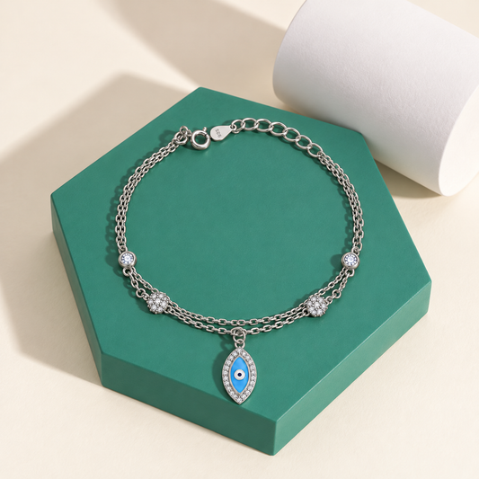 Sterling Silver 925 Blue Evil Eye Bracelet - FKJBRLSLM12346