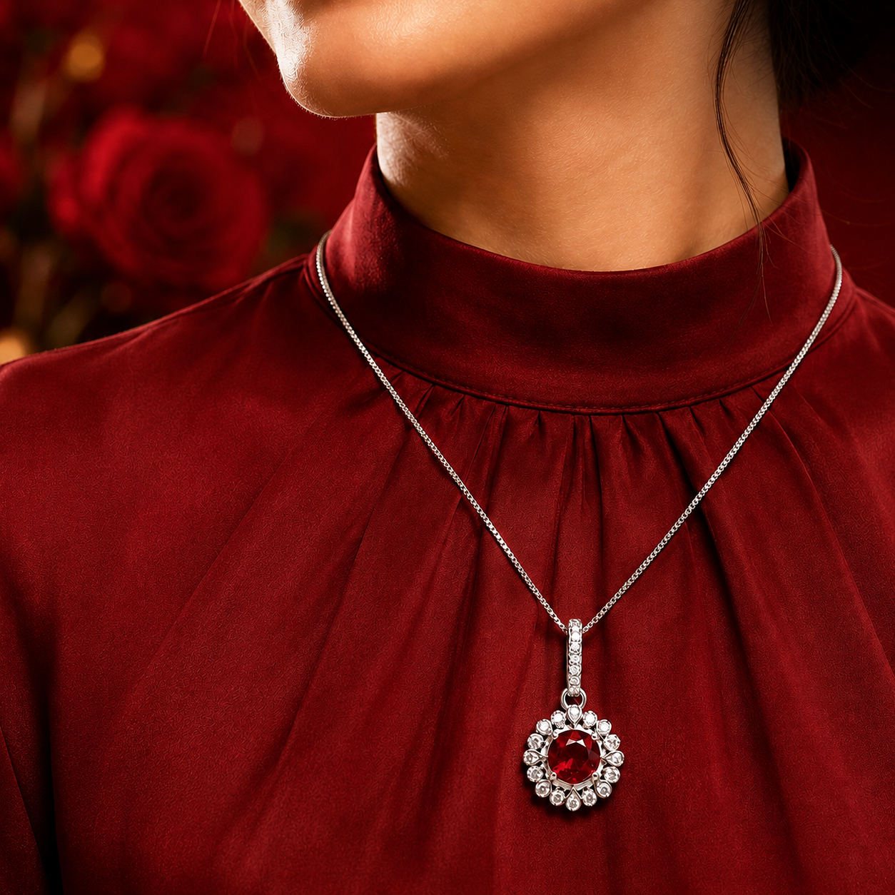 Sterling Silver 925 Red Solitaire Necklace (Chain with Pendant) - FKJNKLSL2280