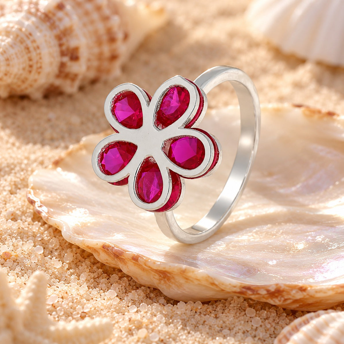 Sterling Silver 925 Flower with Pink Stones Ring - FKJRNSL2120