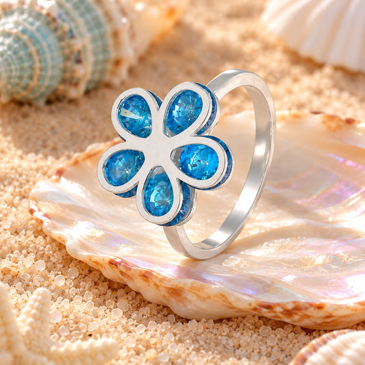 Sterling Silver 925 Flower with Aquamarine Style Stones Ring - FKJRNSL2124