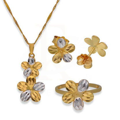 Dual Tone Gold Flower Shaped Pendant Set (Necklace Earrings And Ring) 22Kt - Fkjnklst22K2395 Sets