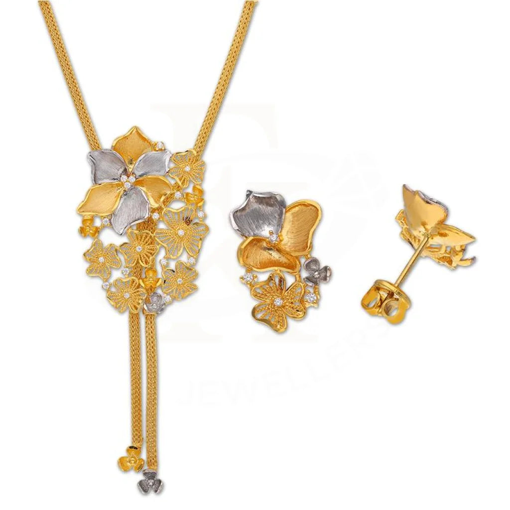 Dual Tone Gold Flowers Shaped Pendant Set (Necklace And Earrings) 22Kt - Fkjnklst22K2408 Sets