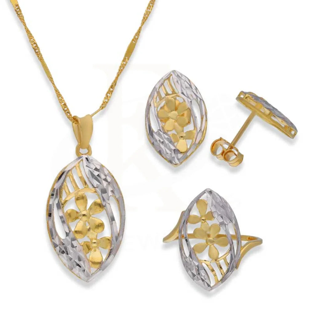 Dual Tone Gold Marquise Shaped Pendant Set (Necklace Earrings And Ring) 22Kt - Fkjnklst22K2390 Sets