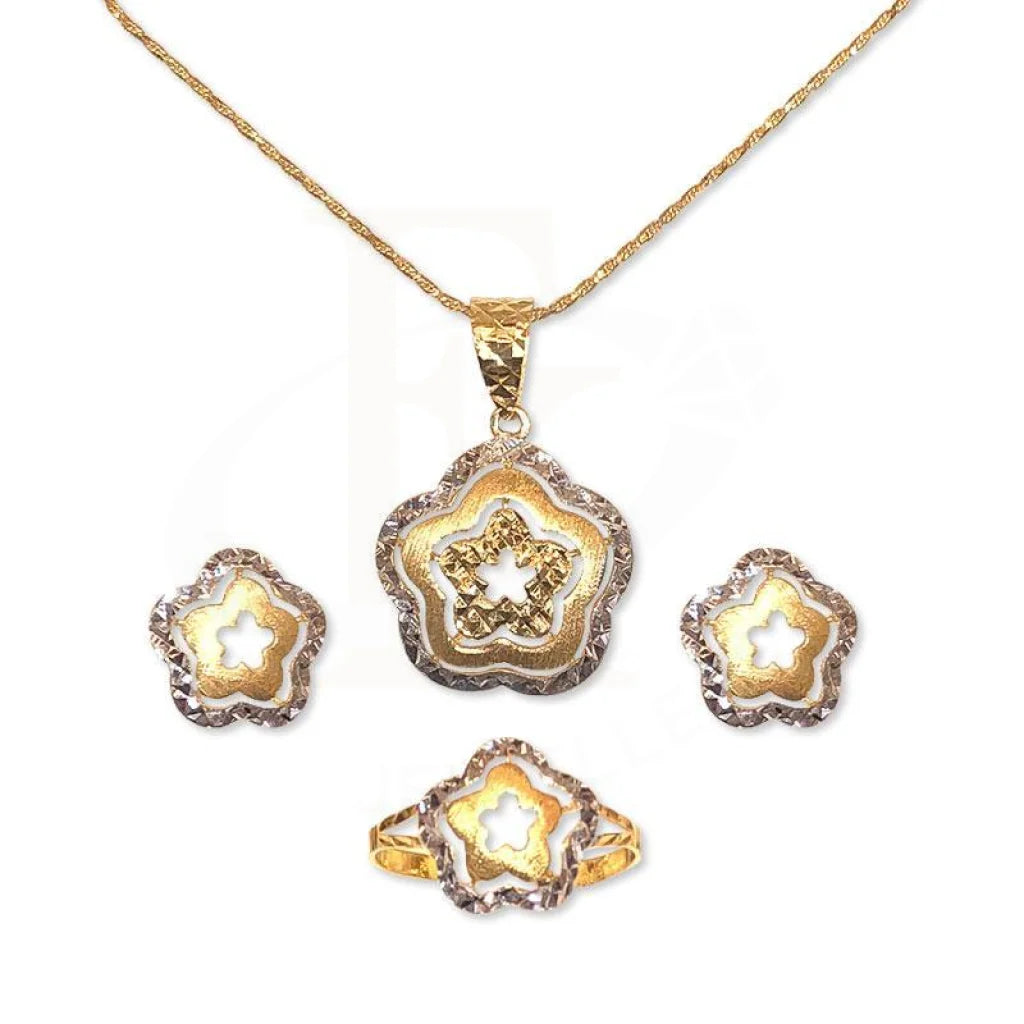 Gold Flower Pendant Set (Necklace Earrings And Ring) 22Kt - Fkjnklst1746 Sets