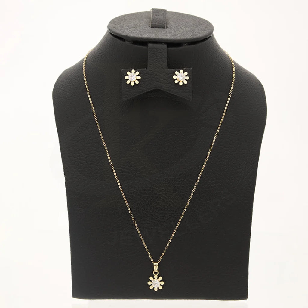 Gold Flower Shaped Solitaire Pendant Set (Necklace And Earrings) 18Kt - Fkjnklst18K5578 Sets