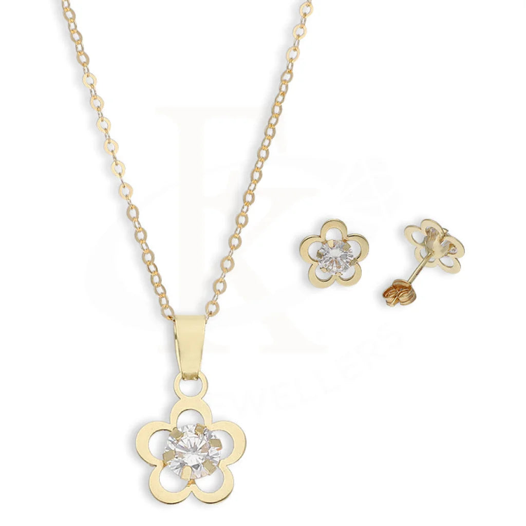 Gold Flower Shaped Solitaire Pendant Set (Necklace And Earrings) 18Kt - Fkjnklst18K5579 Sets