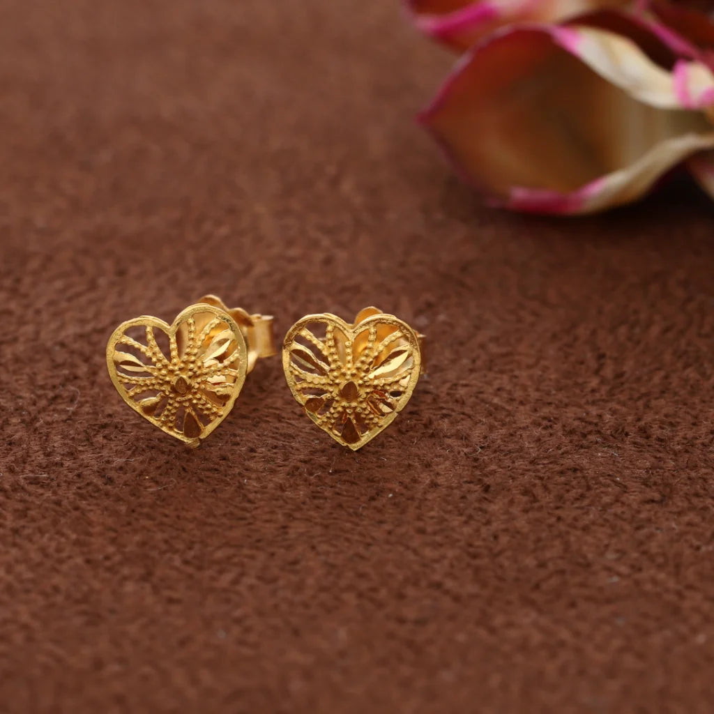 Gold Heart Shaped Stud Earrings 21Kt - Fkjern21Km8488