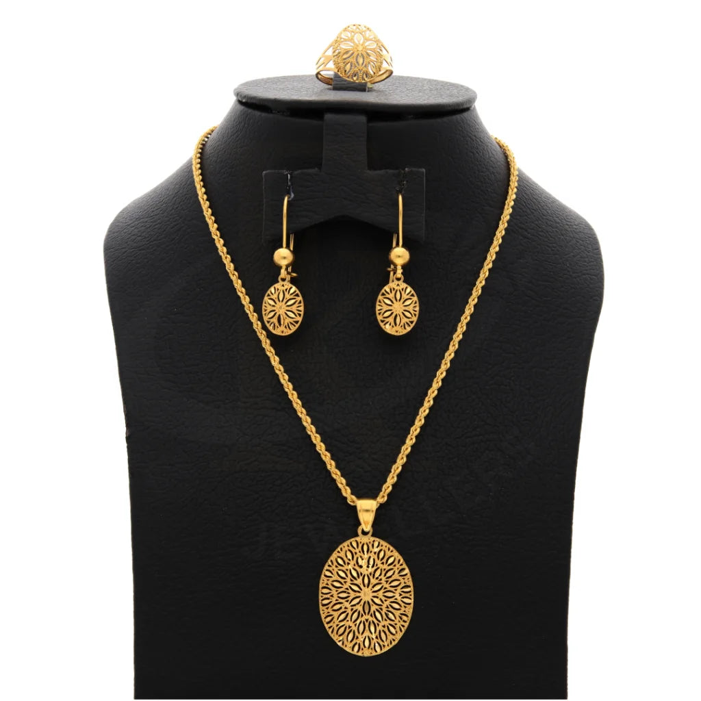 Gold Hollow Flower Shaped Pendant Set (Necklace Earrings And Ring) 21Kt - Fkjnklst21Km8513 Sets