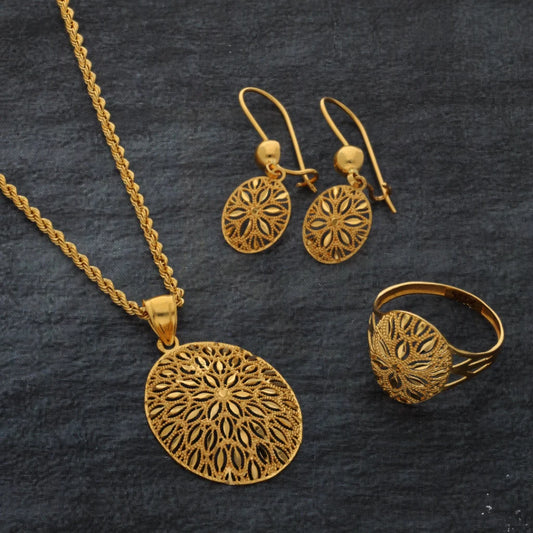 Gold Hollow Flower Shaped Pendant Set (Necklace Earrings And Ring) 21Kt - Fkjnklst21Km8513 Sets