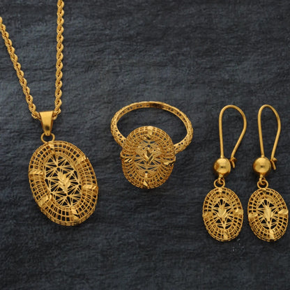 Gold Hollow Leaf Shaped Pendant Set (Necklace Earrings And Ring) 21Kt - Fkjnklst21Km8511 Sets