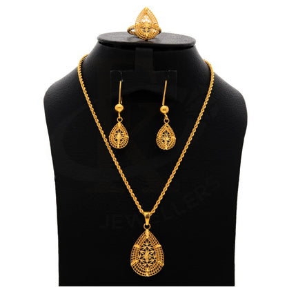 Gold Hollow Teardrop Shaped Pendant Set (Necklace Earrings And Ring) 21Kt - Fkjnklst21Km8514 Sets