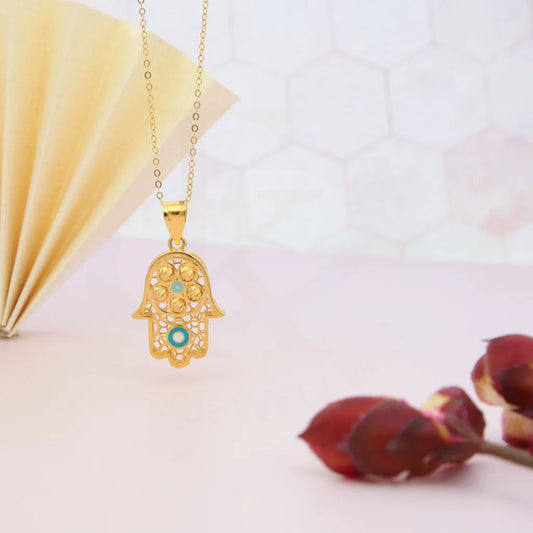 Gold Necklace (Chain With Turquoise Hamsa Hand Pendant) 21Kt - Fkjnkl21Km8046 Necklaces