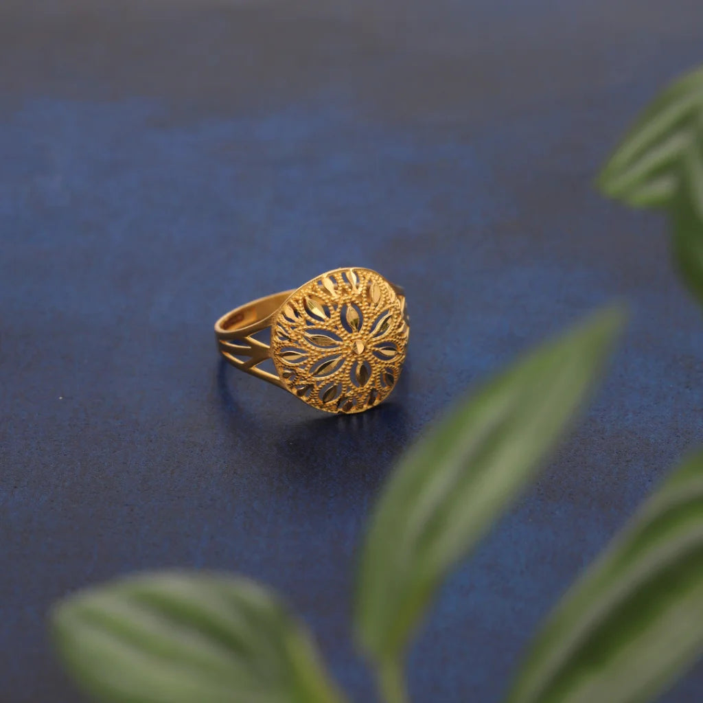 Gold Round Floral Design Ring 21Kt - Fkjrn21Km8554 Rings