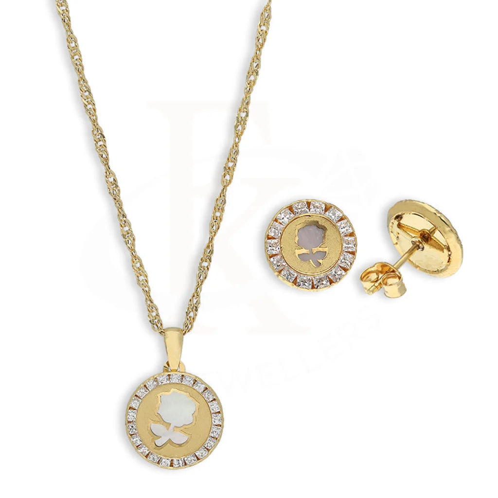 Gold Round Shaped With Rose Pendant Set (Necklace And Earrings) 18Kt - Fkjnklst18K5559 Sets