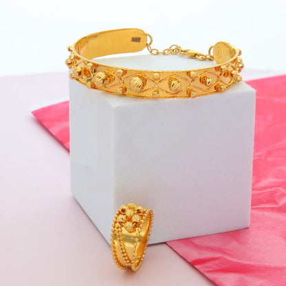 Gold Round Stud Ball Flower Design Bangle Set (Bangle And Ring) 21Kt - Fkjset21Km8689 Pendant Sets