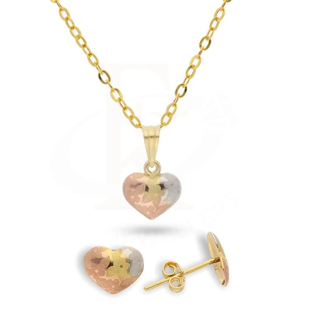 Gold Tri-Tone Heart Pendant Set (Necklace And Earrings) 18Kt - Fkjnklst18K2149 Sets