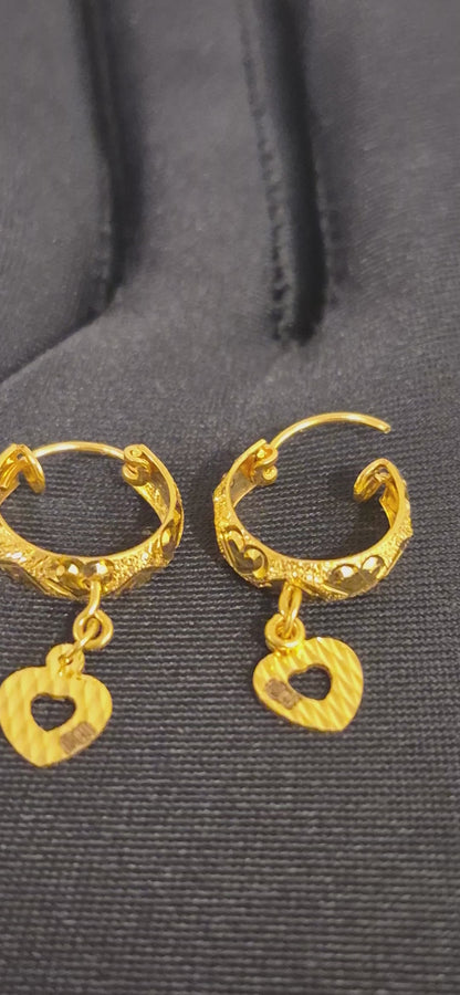 Gold Heart Shaped Dangler Earrings 21KT - FKJERN21KM12026