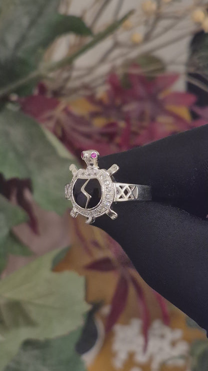 Sterling Silver 925 Sea Turtle Ring with Black Crystal Center Stone Ring - FKJRNSLM12295