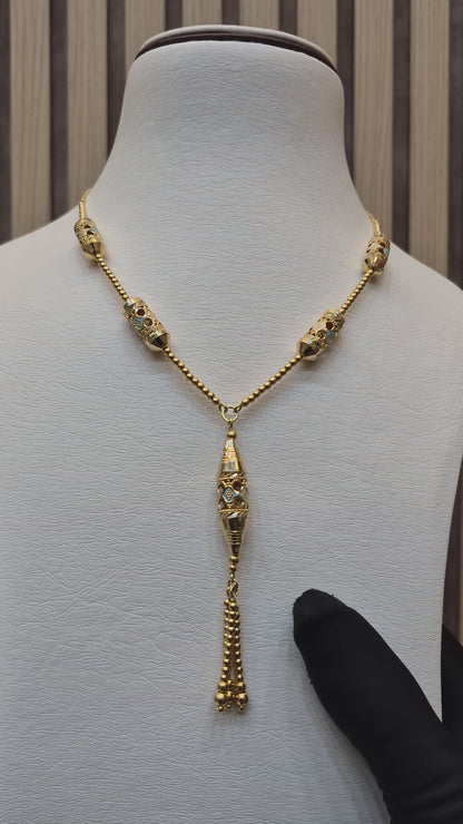 Gold Barrel Bead Tassel Drop Necklace 21KT - FKJNKL21KM10375