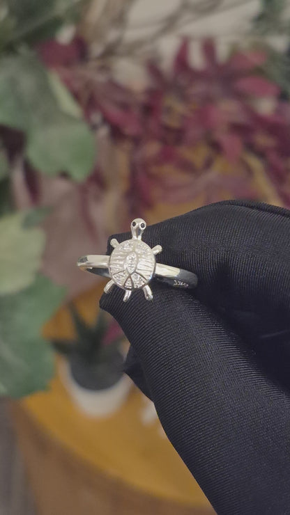 Sterling Silver 925 Sea Turtle Ring with Crystal Center Stone Ring - FKJRNSLM12291