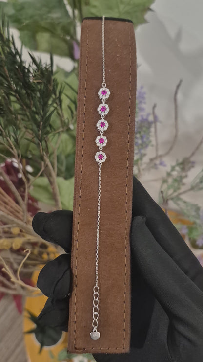 Sterling Silver 925 Floral Halo Bracelet with Ruby Stones - FKJBRLSLM12330