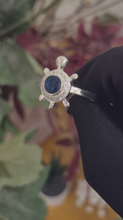Sterling Silver 925 Sea Turtle Ring with Blue Crystal Center Stone Silver 925 Ring - FKJRNSLM12293