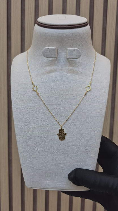 Gold Hamsa Hand with Diamond Shaped Necklace 21KT - FKJNKL21KM9565