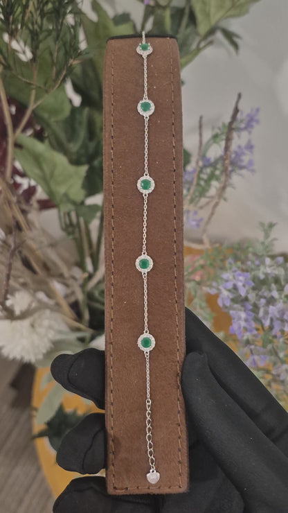 Sterling Silver 925 Green Halo Round Stone Bracelet - FKJBRLSLM12348