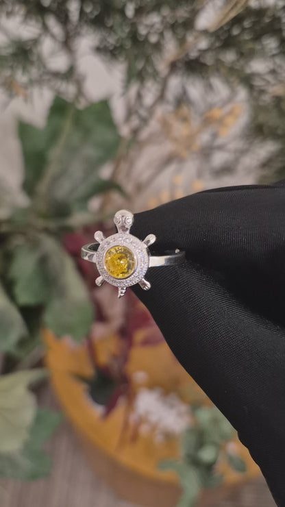 Sterling Silver 925 Sea Turtle Ring with Yellow Crystal Center Stone Ring - FKJRNSLM12288