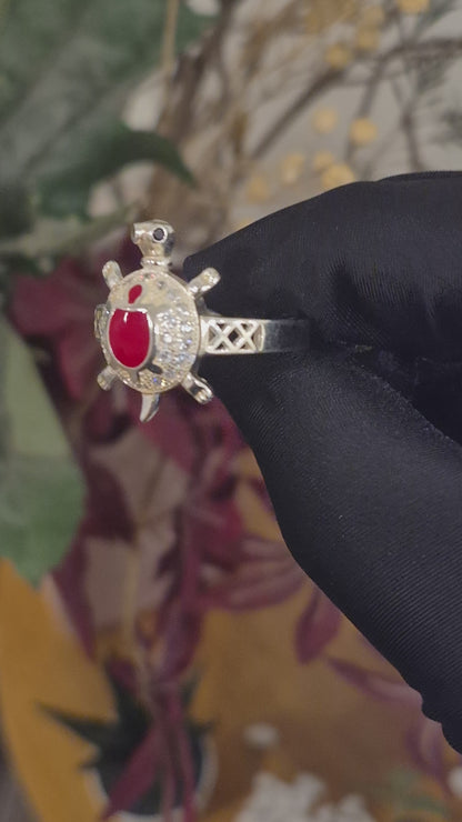 Sterling Silver 925 Sea Turtle Ring with Red Crystal Center Stone Ring - FKJRNSLM12294