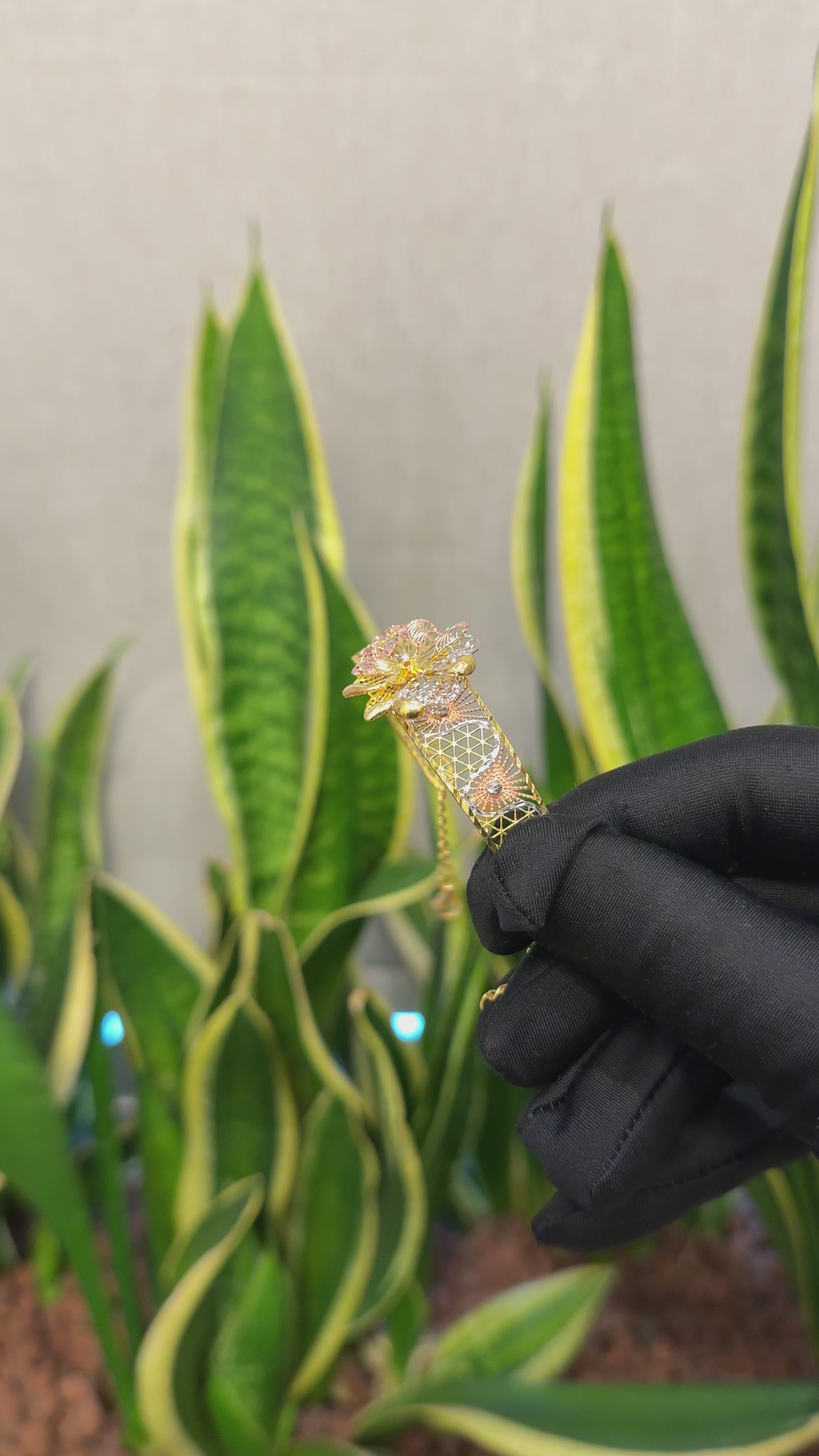 Gold Flower Shaped Bangle Set (Bangle and Ring) 21KT - FKJSET21KM10107