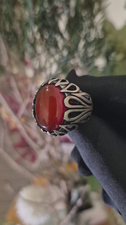Sterling Silver 925 Vintage Oxidized Sterling Silver Ring with Oval Red Carnelian Stone - FKJRNSLM12320