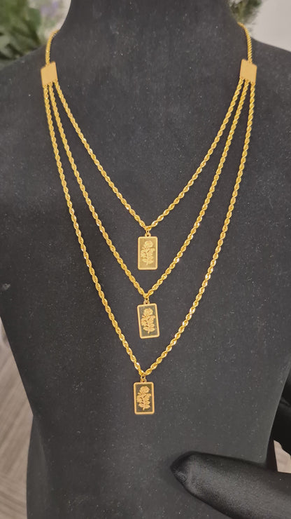 Gold Multi-Layered Rope-Chain With Rectangular Bars Engraved Rose Motifs Necklace 21KT - FKJNKL21KM12211