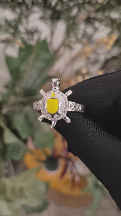 Sterling Silver 925 Turtle Design with Yellow Enamel & CZ Stones Ring - FKJRNSLM12283