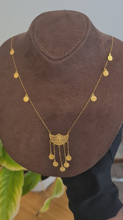Gold Filigree Coin Drop Necklace 21KT - FKJNKL21KM10521