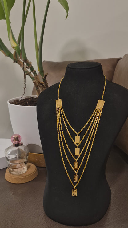 Gold Multi-Layered Rope-Chain With Rectangular Bars Engraved Rose Motifs Necklace 21KT - FKJNKL21KM12213