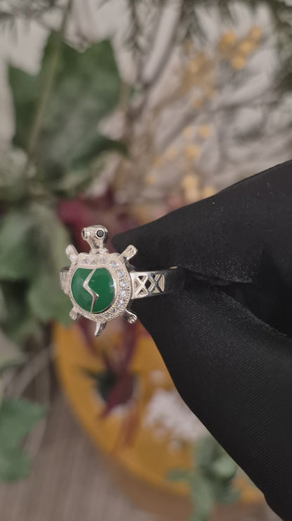 Sterling Silver 925 Sea Turtle Ring with Green Crystal Accent Ring - FKJRNSLM12285