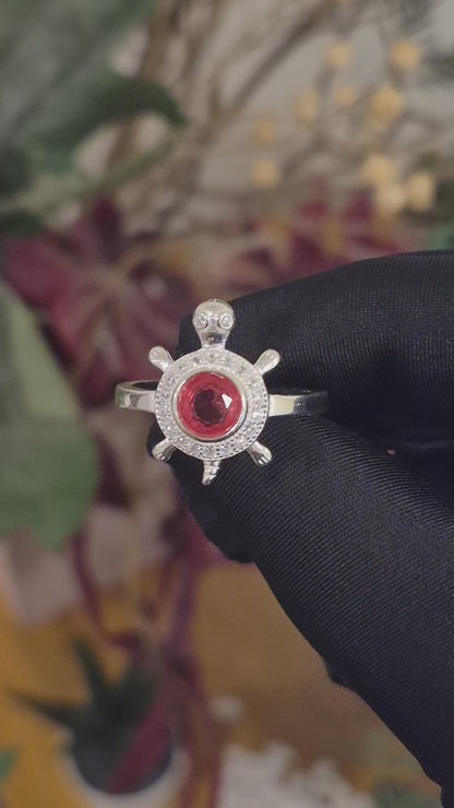 Sterling Silver 925 Sea Turtle Ring with Red Crystal Center Stone Ring - FKJRNSLM12290