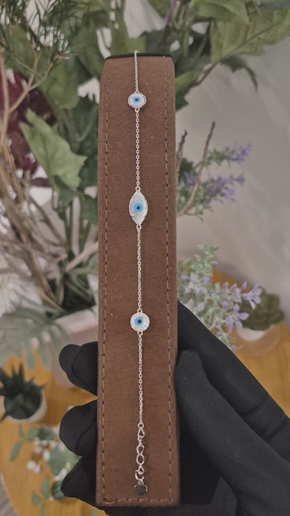 Sterling Silver 925 Blue Evil Eye Charm Bracelet - FKJBRLSLM12356